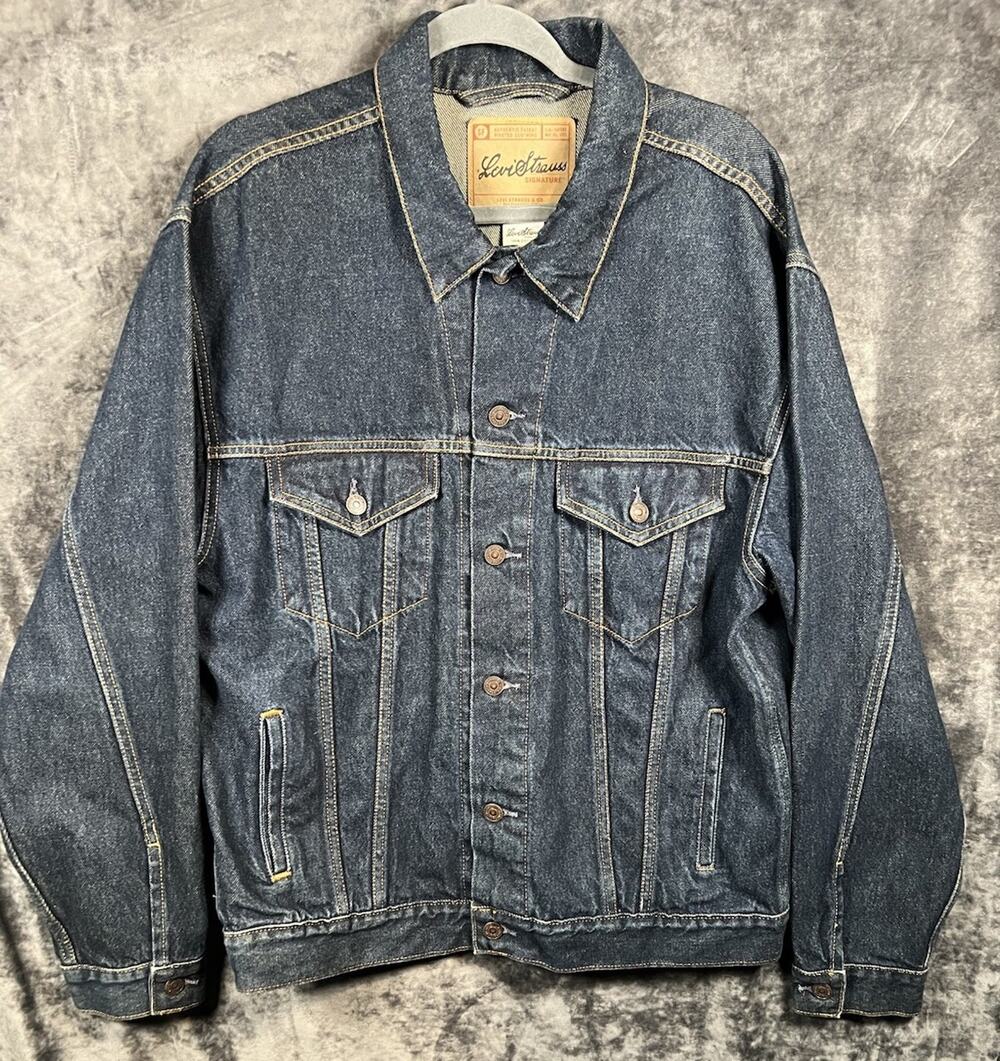Levi Strauss Signature Denim Trucker Jacket Mens L Blue Jean Dark Wash Cotton